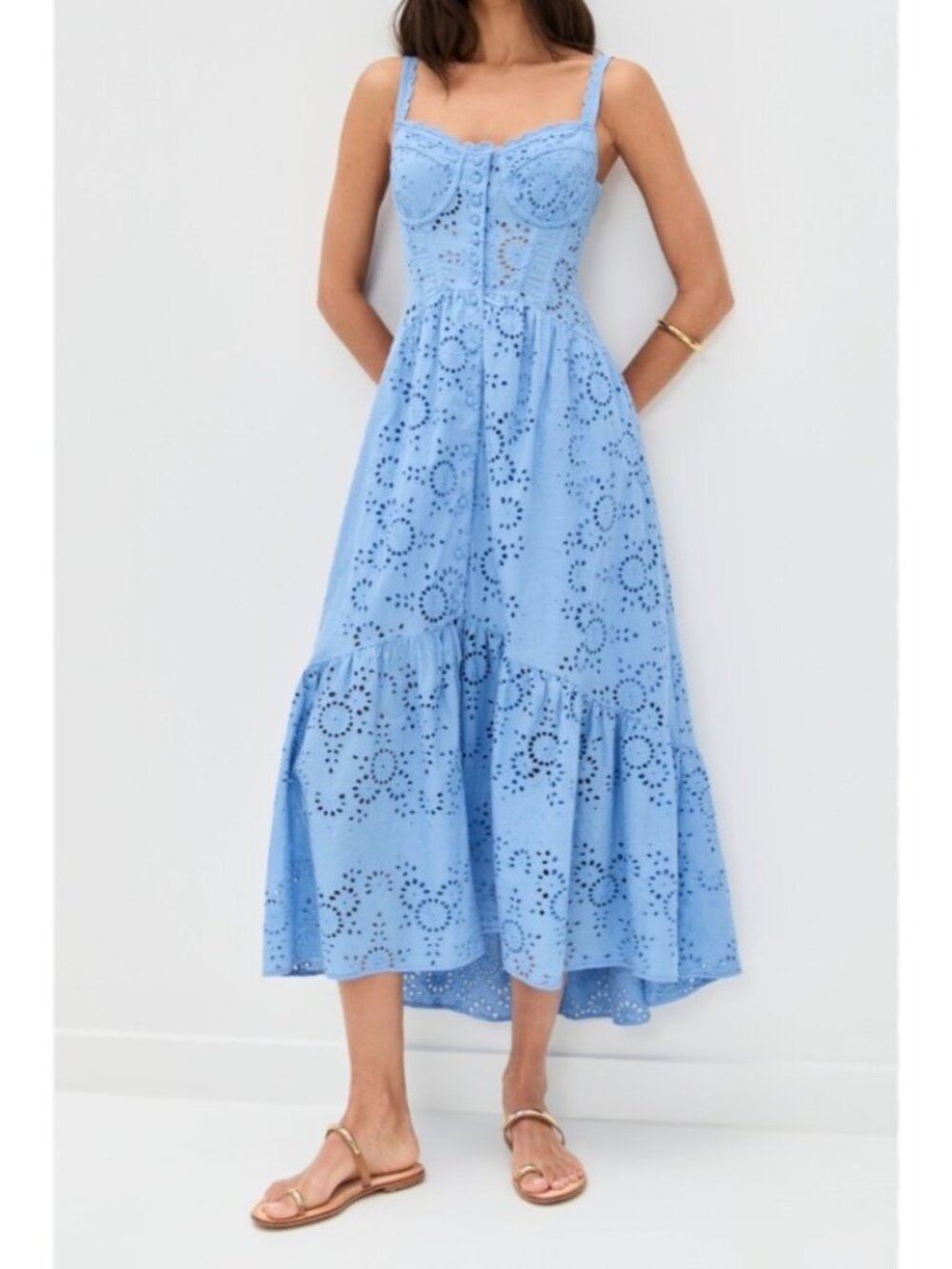 ASTR The Label Yamila Blue Eyelet Midi Dress - Size M Sleeveless Tiered Hem